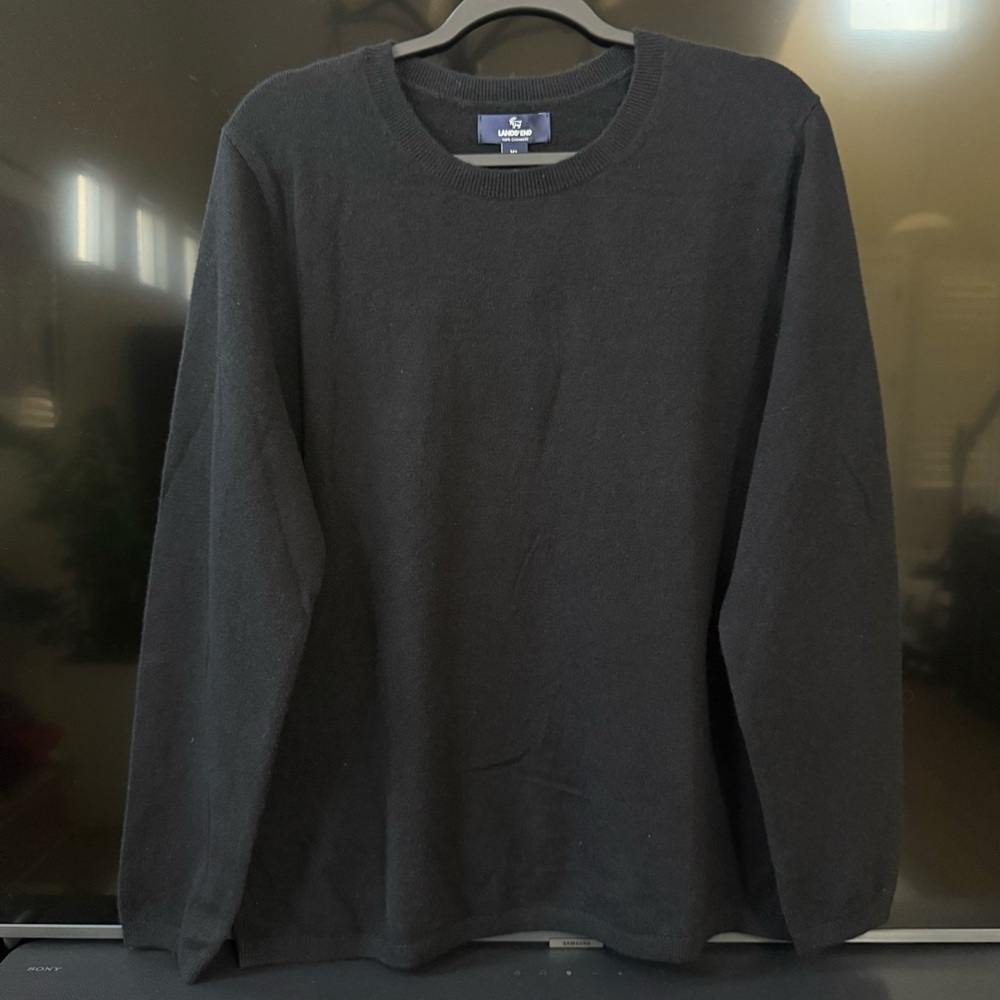 Lands End 100% Cashmere Black Crewneck Long Sleeve Pullover Sweater NEW XL